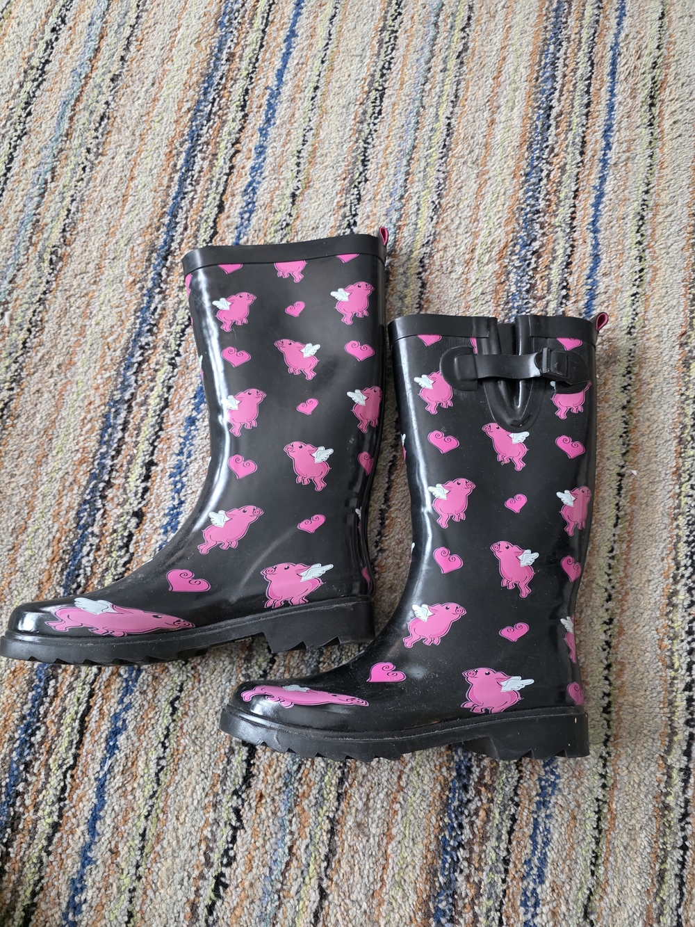 Women's  Capelli Black Rain Boots with Pink Pig Print